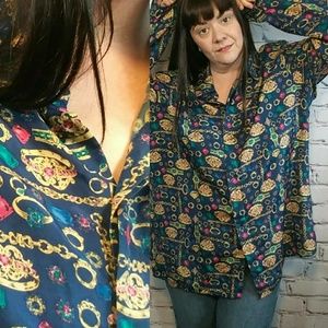 Oversized 90s Retro Bejeweled Silk Blouse